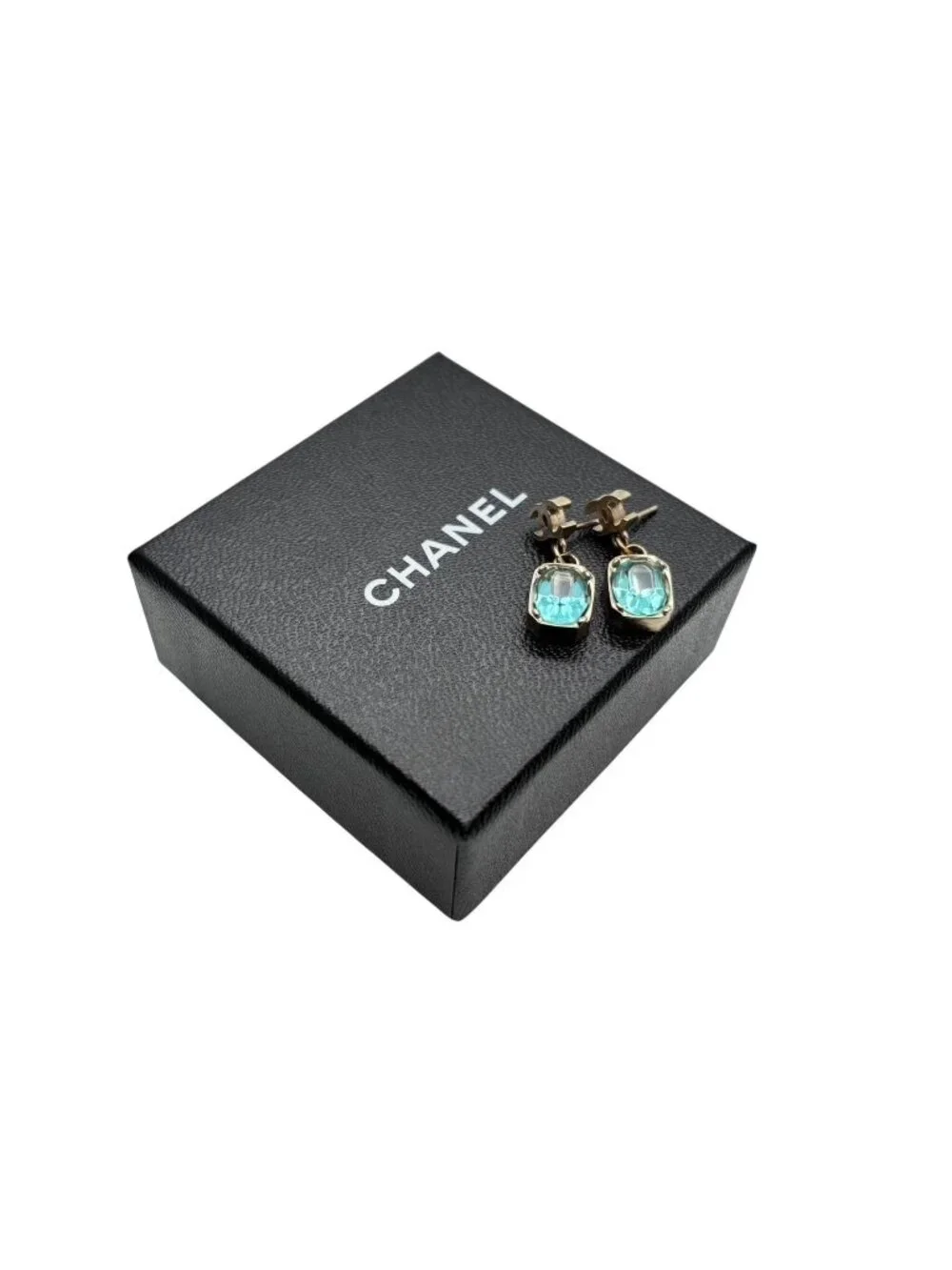 Chanel CC Logo Drop Earrings 07 Rhinestone Metal Gold Plated Blue